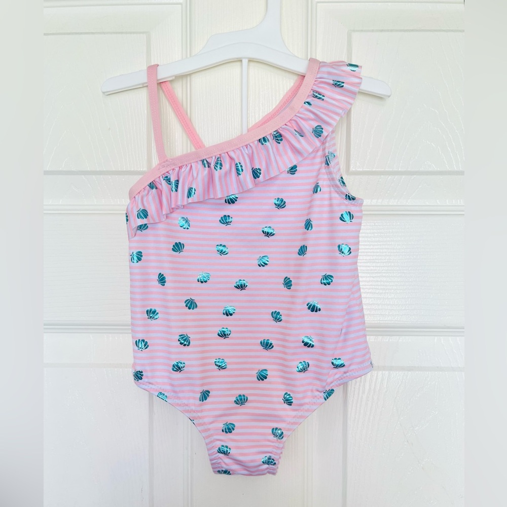 Pink Platinum Girls Baby Pink White Stripes Shell One Shoulder Swimsuit …